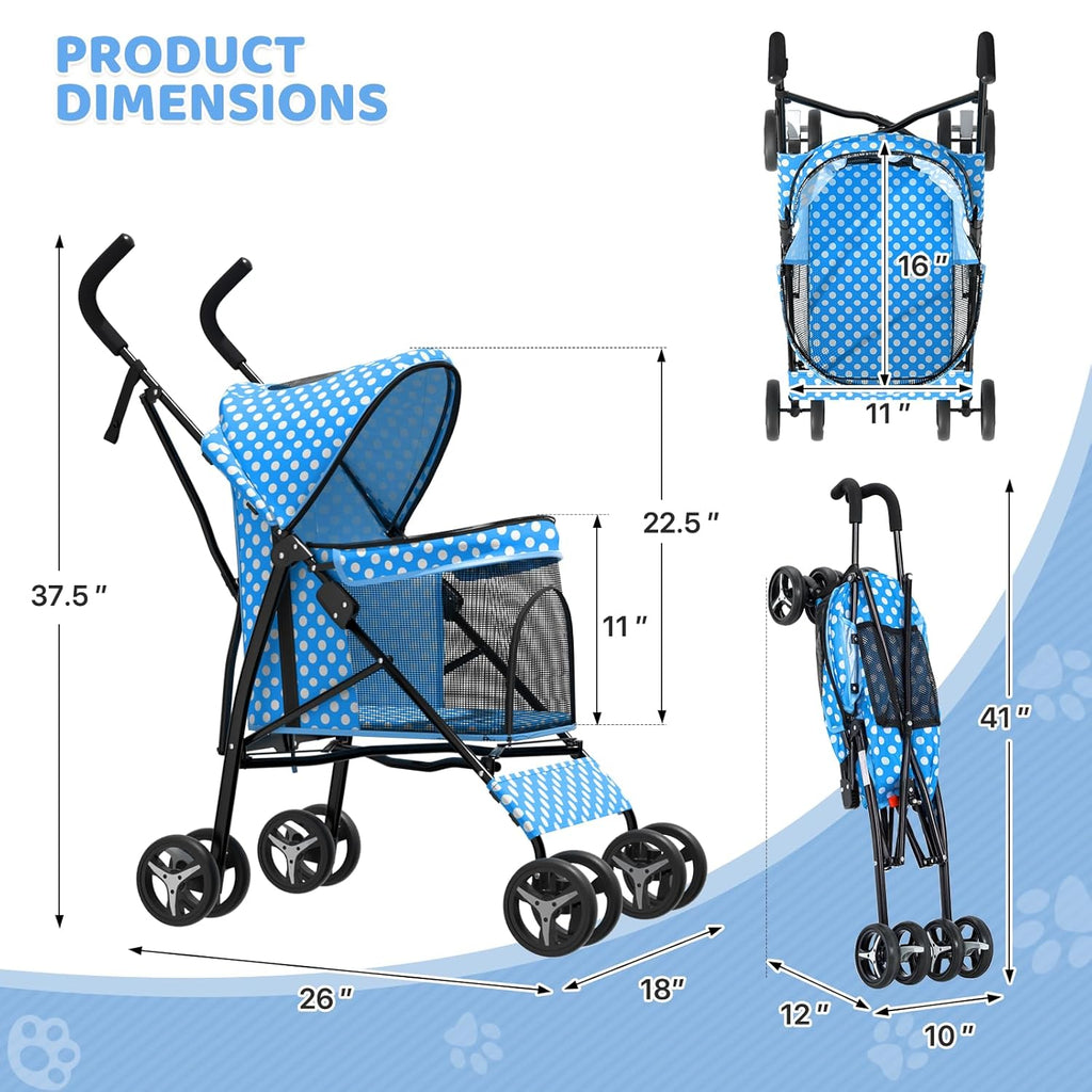 Magshion Compact Pet Stroller for Small-Medium Dogs/Cats up to 22lbs, 4-Wheel Lightweight Umbrella Shaped Portable Puppy Travel Jogger with Breathable Mesh & Rear Storage, Sky Blue Polka Dots