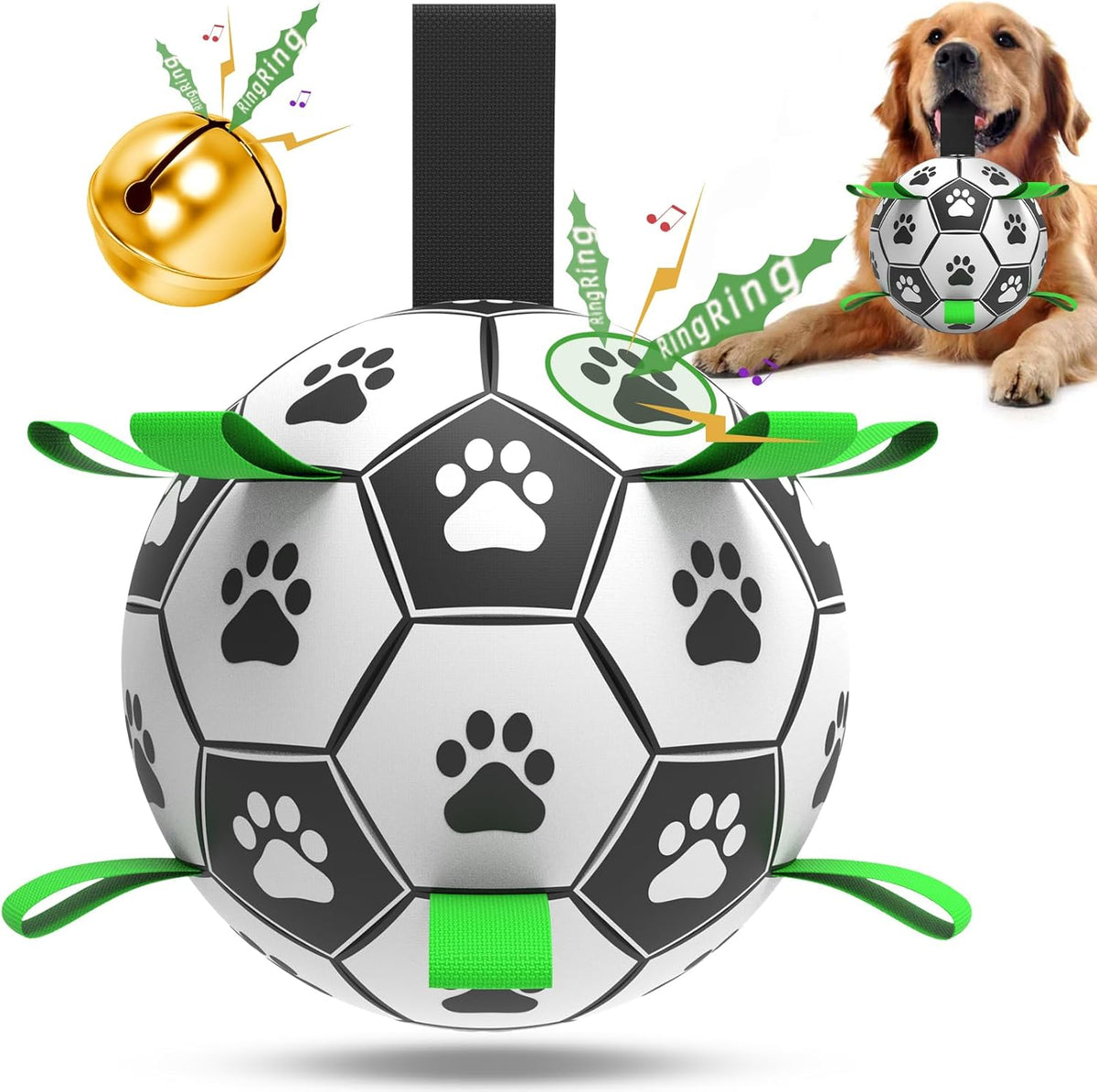 QDAN Dog Soccer Balls Toy with Bell Inside, Outdoor Interactive Dog Toys, Durable Ropes Squeaky Ball for Medium Large Dogs (8 Inch)