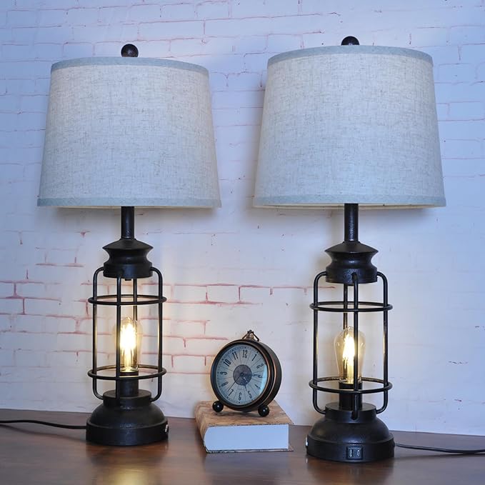 Table Lamps Set of 2 with USB Port 3 Way Dimmable Touch Lamps 28.5" Tall Rustic Industrial Living Room Lamps for Bedroom Bedside Office 4 Bulbs Included