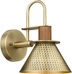 Antique Brass Wall Sconce, HWH Gooseneck Barn Wall Light Fixtures, 1-Light Single Wall Vanity Light, Farmhouse Wall Lamp for Bedroom Bedside Kitchen Hallway, Hammered Metal Shade, 5HZG74B-L BG