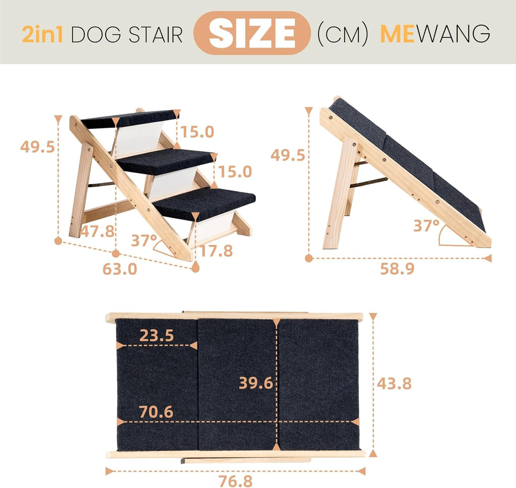 MEWANG Wood Pet Stairs & Ramp for Small/Medium Dogs and Cats, Aging Pets – 3-in-1 Foldable, Portable, Non-Slip Pet Ladder for Tall Beds, Couches,Cars–Holds Up to 220 lbs (24.8" L x 17.2" W x 19.5" H)