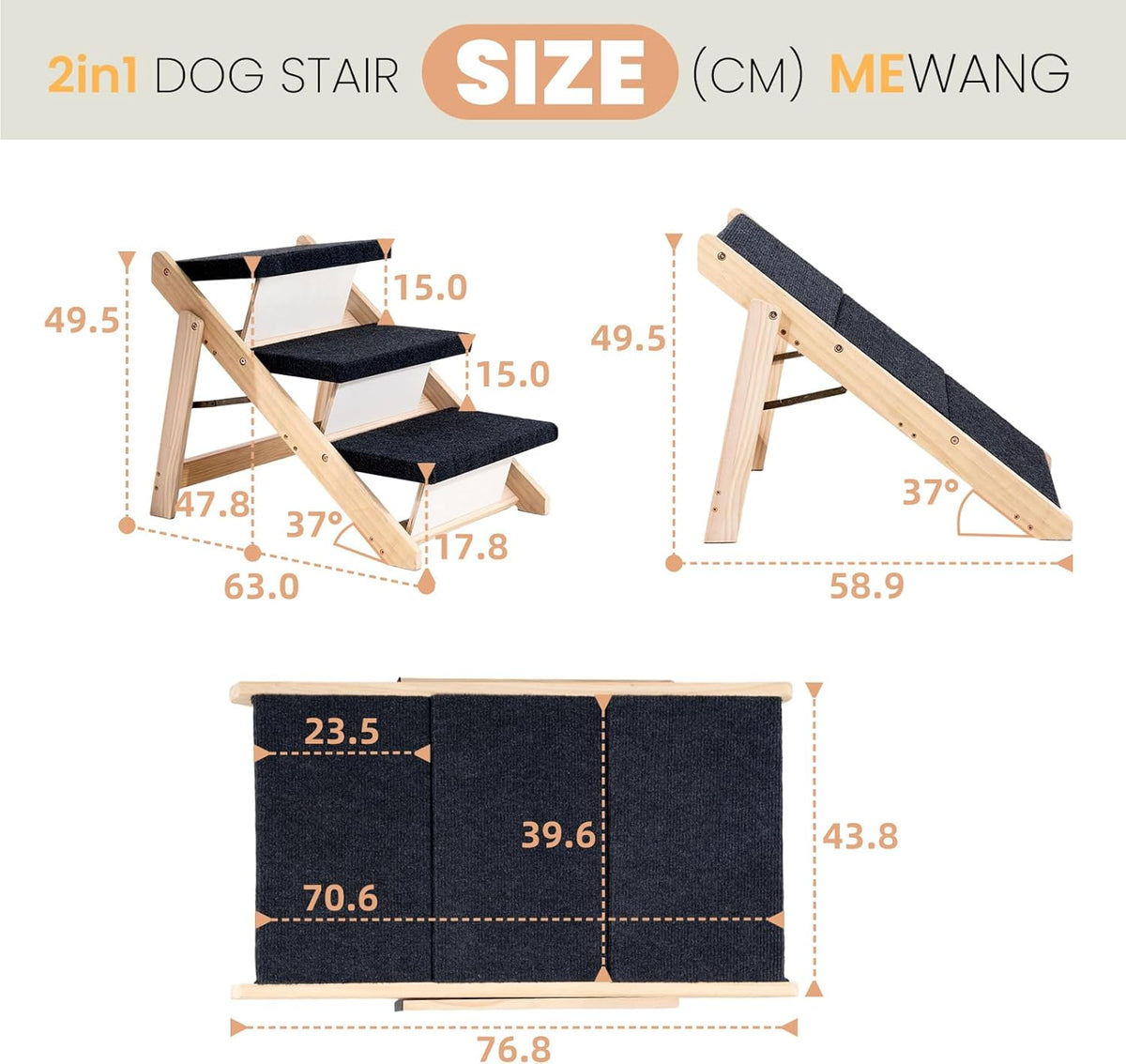 MEWANG Wood Pet Stairs & Ramp for Small/Medium Dogs and Cats, Aging Pets – 3-in-1 Foldable, Portable, Non-Slip Pet Ladder for Tall Beds, Couches,Cars–Holds Up to 220 lbs (24.8" L x 17.2" W x 19.5" H)
