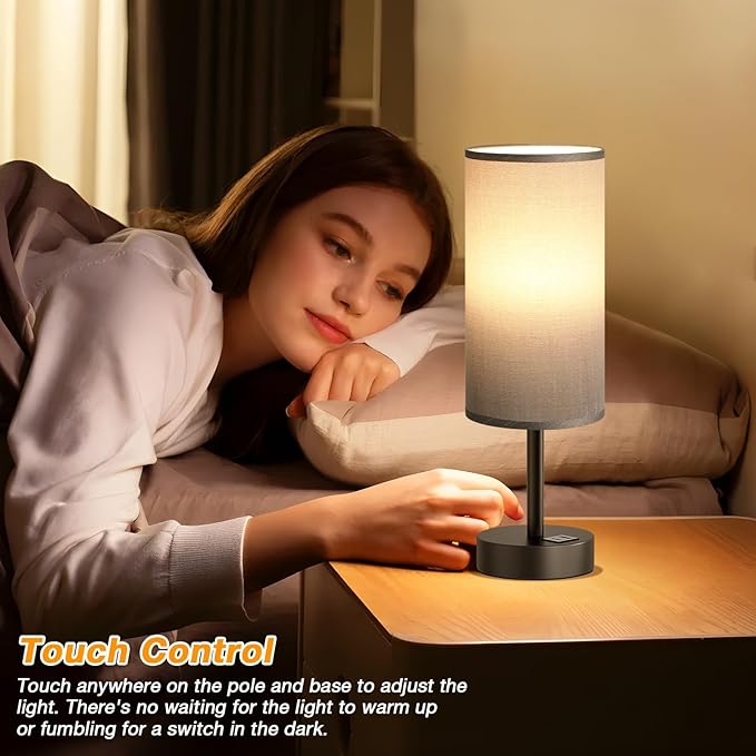 Small Touch Bedside Lamp with USB - 3 Way Dimmable Grey Table Lamp for Bedroom, Nightstand Lamp with Charging Station for Desk Dorm, Office