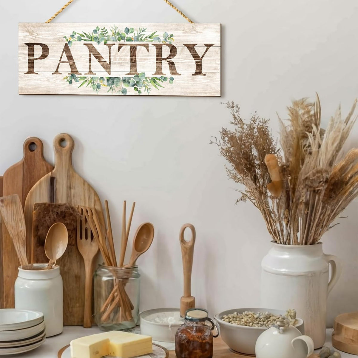 Pantry Sign Wall Decor, Pantry Wall Art with Plant Print, Rustic Farmhouse Wall Hanging Plaque Home Kitchen Decorative Pantry, 4.7 x 13.7 inches