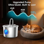 2.2L Stainless Steel Cat Fountain Ultra-Quiet (Under 25dB) & LED Water Level Window, 3-Stage Filtered Flowing Water for Cats, Easy-Clean, Perfect for Indoor Cats, Silver(74oz Cat Fountain + 6 Filters)
