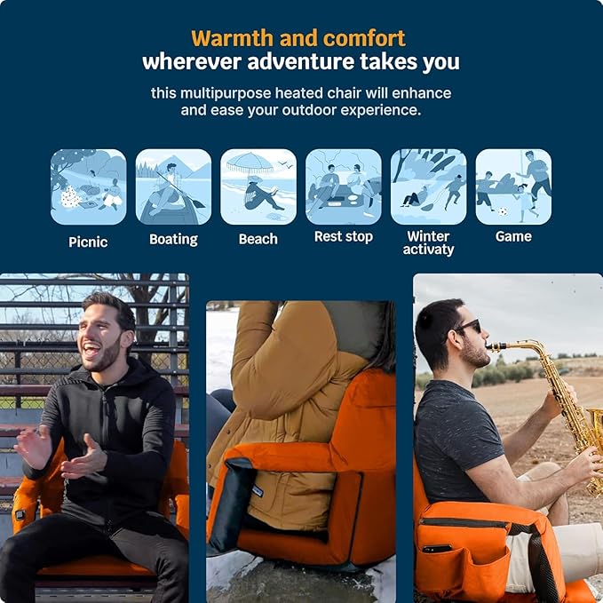 Alpcour Heated Reclining Stadium Seat for Bleachers – Wide Bleacher Chair with Back Support and Cushion, Armrests, Side Pockets, & Hook – Stadium Seats Chairs for Camping, Kayak, Paddle Board & More