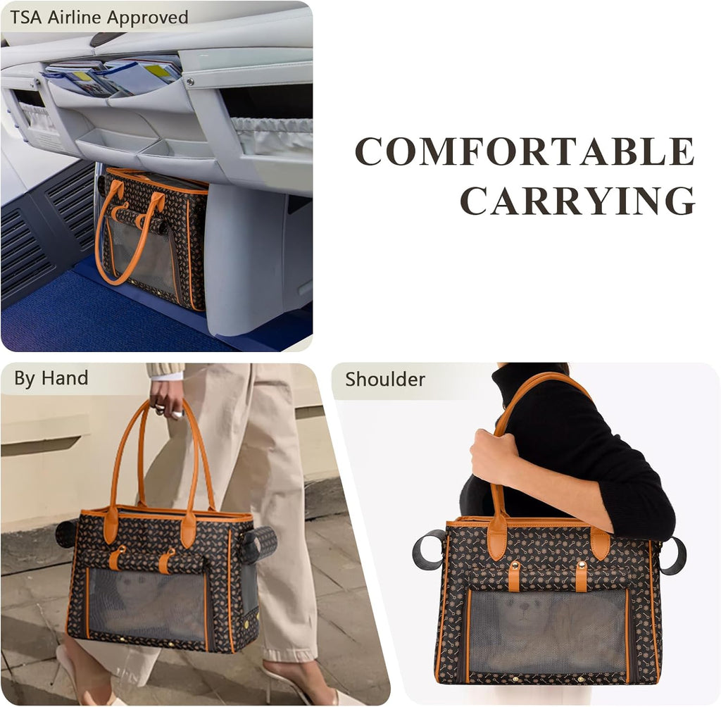 Minsong Fashion Pet Carrier Purse for Small Cat and Dog, Luxury Pu Soft-Sided Tote Bag with Large Pockets for Dogs and Puppies (Coffee, 15.8" L x 7.5" W x 11.8" H)