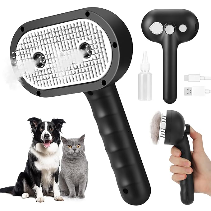 Cat Steam Brush for Grooming and Shedding for Long and Short Hair Pets Deshedding and Hair Removal tool for Dogs & Cats Self Cleaning 4 in 1 Massaging Pet Spray Spritz Defur Comb