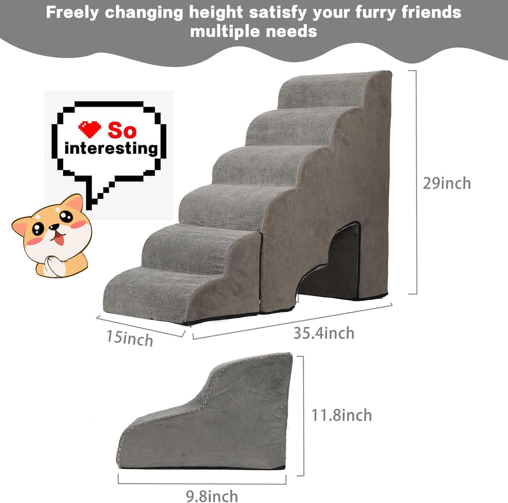 Dog Stairs for High Beds 25-30 inches Tall, 6-Step Dog Steps for High Bed for Doggies/Kitties, 30D Foam Pet Stairs Steps for Small Dogs, Dog Ramp/Ladder for Old Dogs/Cats, Grey