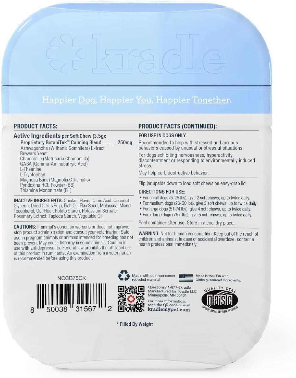 Kradle Calming Chews for Dogs - Anxiety and Stress Support - L-Theanine Ashwagandha GABA - Calming Supplement for Relaxation and Stress - Chicken Flavor- 75 Chews