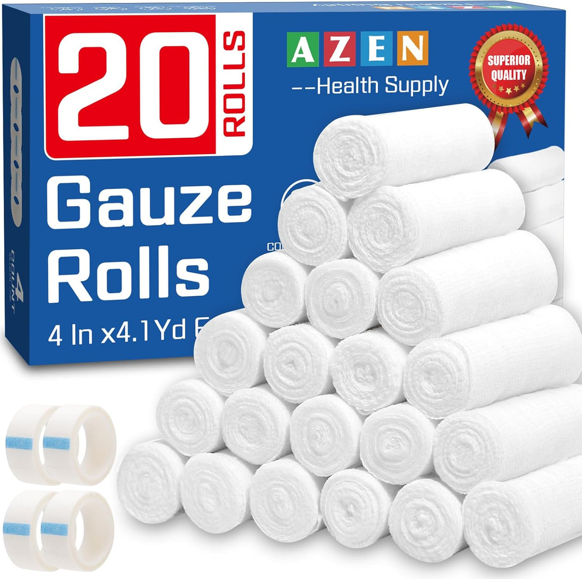 AZEN 20 Pack Gauze Rolls Bandages, 4 in x 4.1 Yards, Premium Medical Supplies & First Aid Supplies, Bandage Wrap Vet Wrap, Mummy Wraps