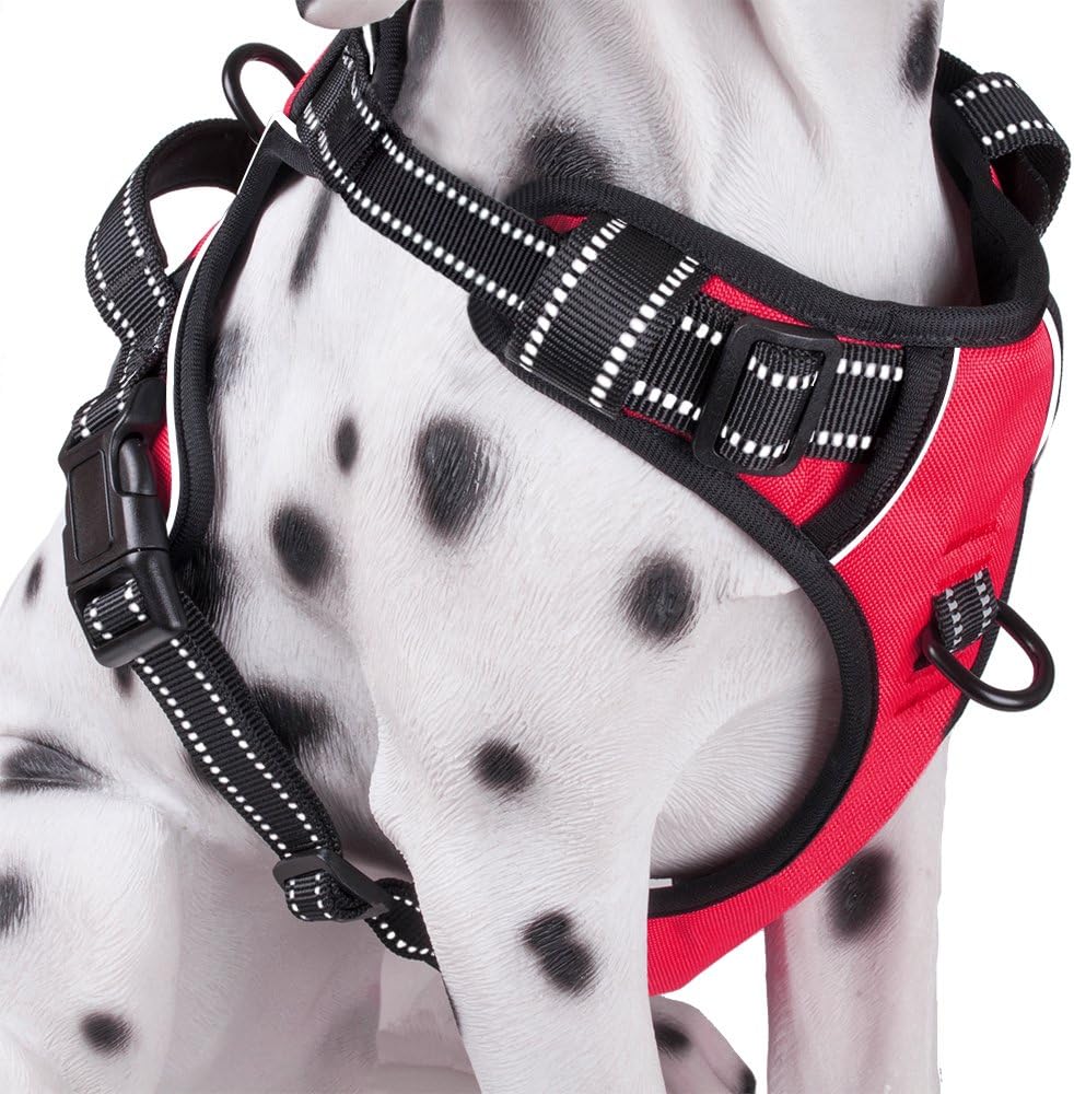 PoyPet No Pull Dog Harness, Reflective Comfortable Vest Harness with Front & Back 2 Leash Attachments and Easy Control Handle Adjustable Soft Padded Pet Vest for Small to Large Dogs (Red,XL)