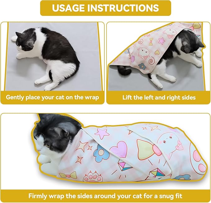 Cat Grooming Wrap for Cutting Nails, 27.6" Anti-Escape Calming Cat Swaddle Wrap for Medicine, Nail Clipping, Teeth Brushing, Ear Cleaning, Self-Adherent Burrito Restraint, (Tiger Print, L)