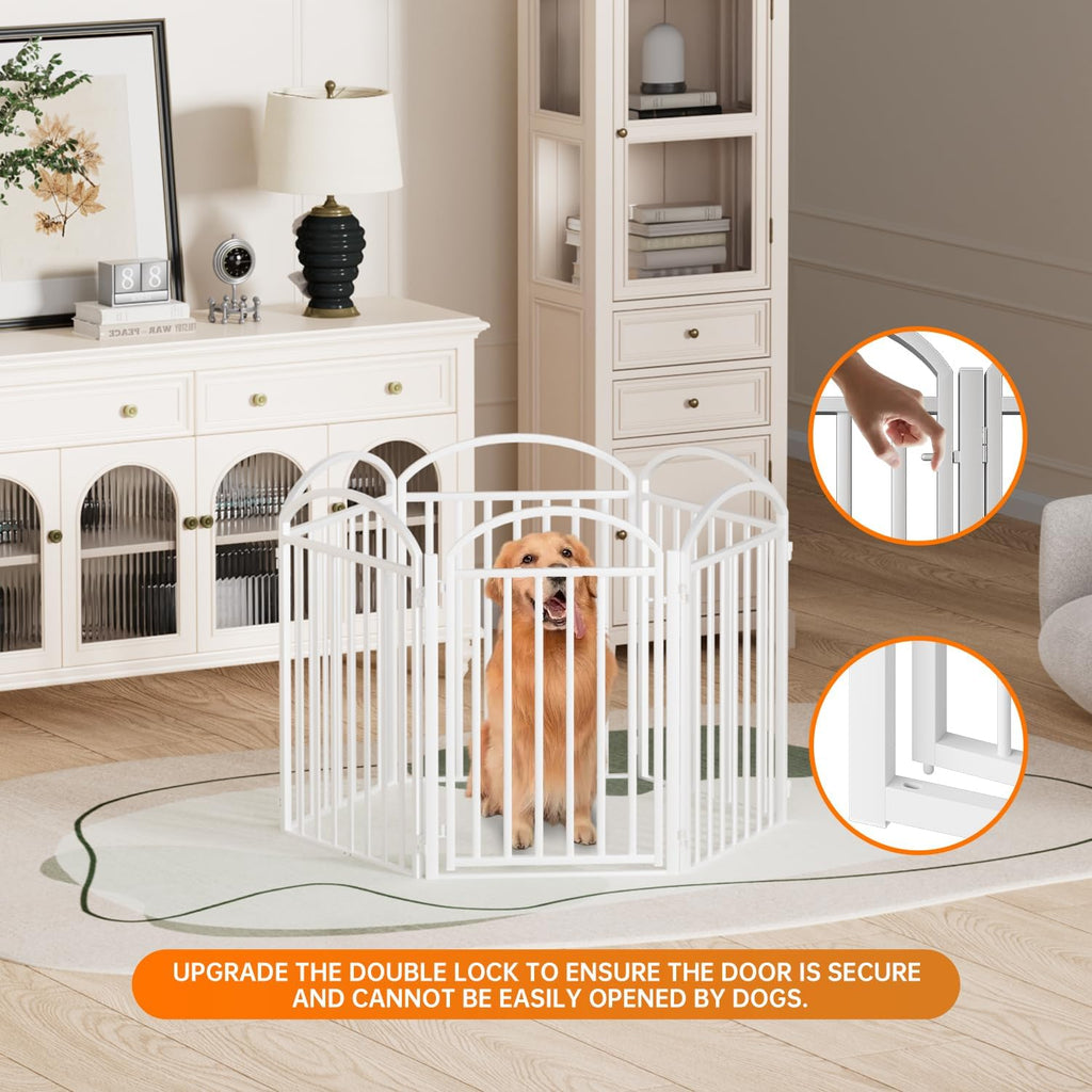 6 Panles Full Matel Freestanding Dog Gates with Door, 144"Extra Wide 32"Tall Free Standing Dog Pet Gate for Indoor & Outdoor. Foldable Pet Fences for Doorways, House, Stairs, Porch, Deck, Yard