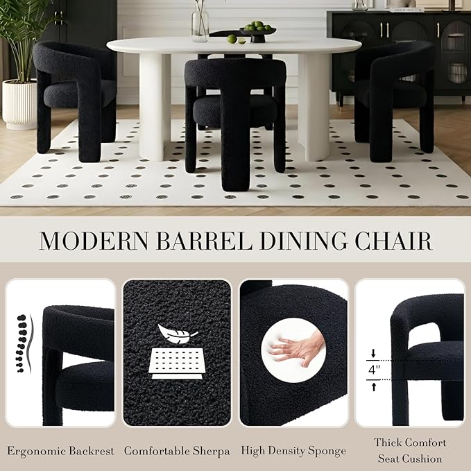 Modern Sherpa Dining Chairs Set of 8, Upholstered Barrel Chairs with Arms Comfy Accent Side Chairs for Living Room/Dining Room/Reception, Black