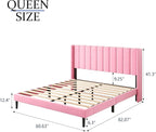 Queen Size Bed Frame with Upholstered Wingback Headboard, Easy Assemnly Platform Bed, Wooden Slat Support No Box Spring Needed, Pink Velvet