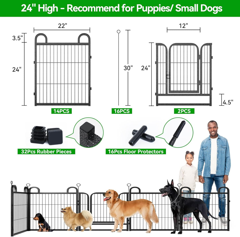 Puppy Playpen 16 Panels Small Dog Fence Outdoor Indoor Use 24" Height Anti-Rust with Doors Portable Dog Play Pen for RV Camping Yard, Total 29FT, 68 Sq.ft, Snowy Black
