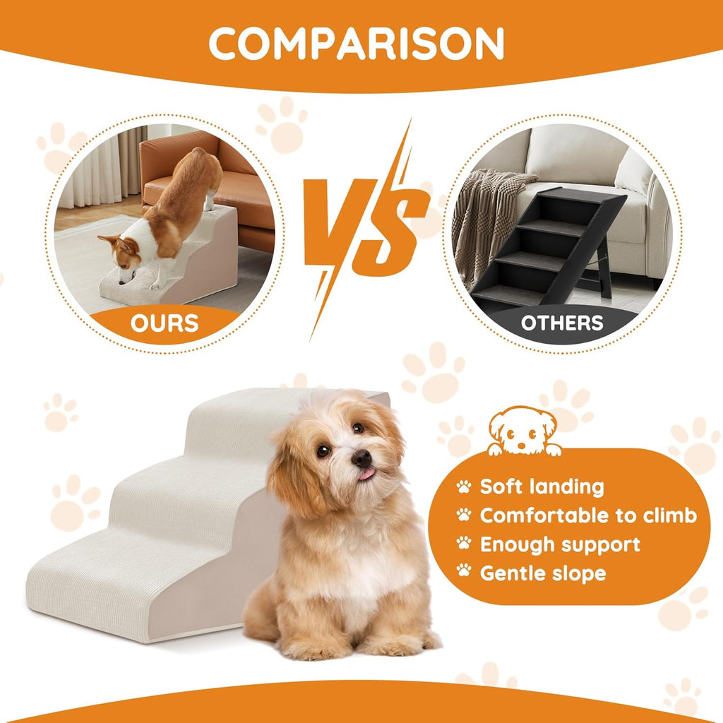 Pet Stairs for Small Dogs - 3-Step Curved Dog Ramp for Bed, Couch, Sofa, Car and Chairs - Non-Slip Bottom Design - Cat Scratching Board - High Density Foam Portable Pet Step - Beige