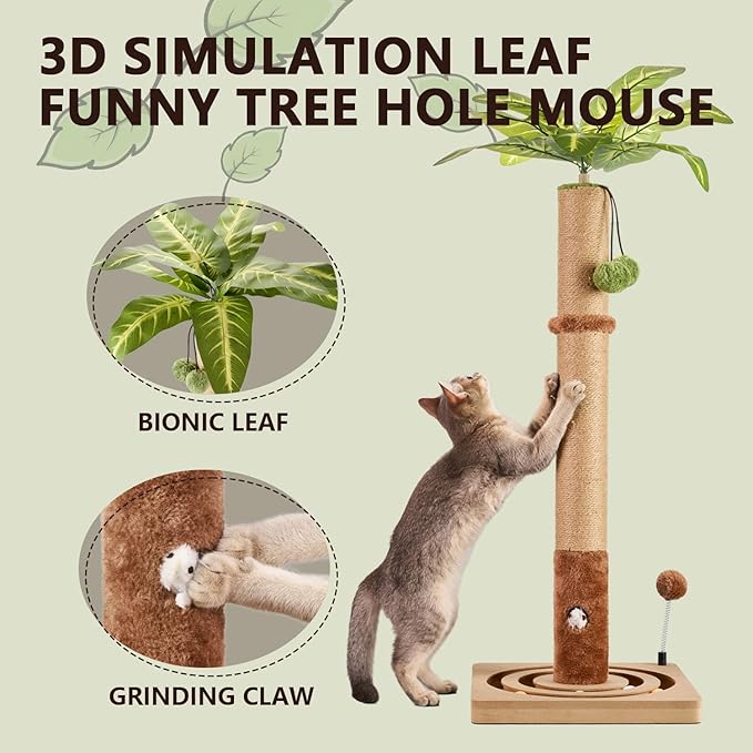 MECOOL 35in Tall Cat Scratching Post Sturdy and Premium Scratch Posts with Hanging Ball and Ball Track Cute Cat Tree for Indoor Cats