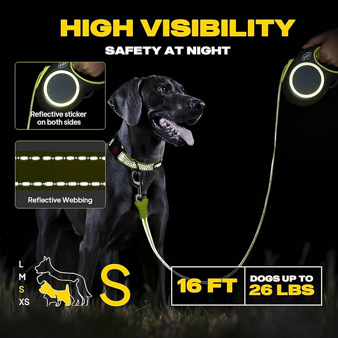 Fida Retractable Dog Leash, Reflective 16ft Heavy Duty Pet Walking Leash for Small/Medium Dog up to 26 lbs, Tangle Free. One-Hand Brake (Small, Neon Yellow)