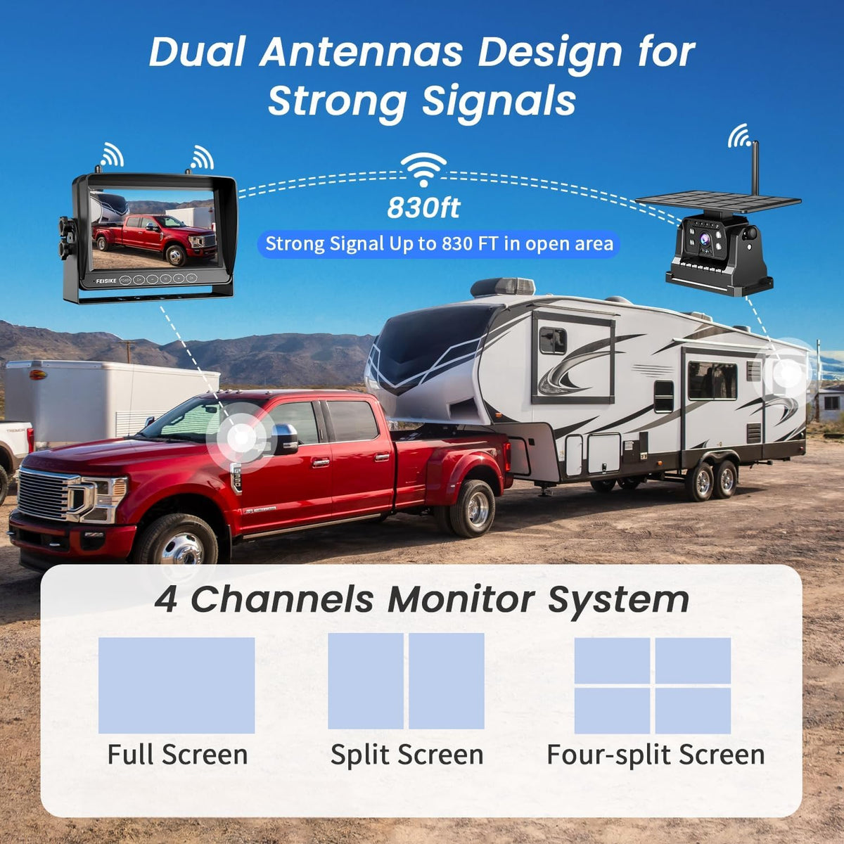 Dual Magnetic Solar Wireless Backup Camera for RV Truck Trailer ??7" 1080P Monitor with Recording, 1-Min Install, No Delay, Wide View, IR Night Vision, 4 Channels, Auto-Sleep Rechargeable