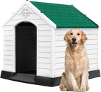 DWVO Plastic Dog House, Weatherproof Outdoor/Indoor Doghouse, Puppy Kennel with Air Vents and Elevated Floor