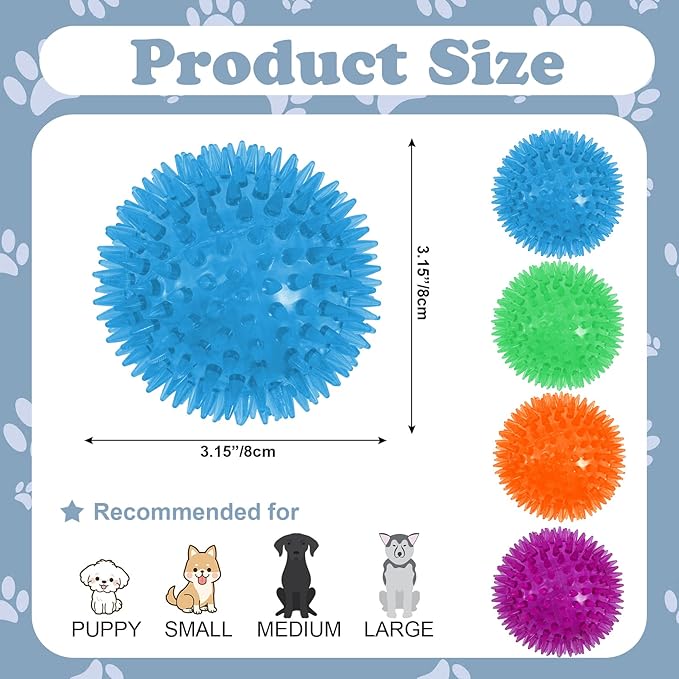12Pack Squeaky Toys, 2.5" Spiky Ball, Cleans Teeth, Squeaky Balls for Aggressive Chewers, Bright Color Toys for Small, Medium & Large Dogs