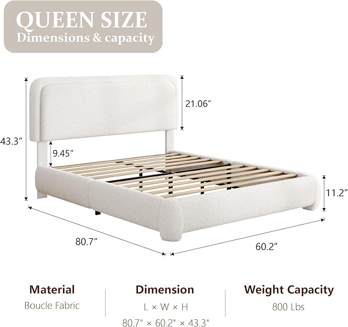 Queen Bed Frame with Headboard Adjustable, Boucle Upholstered Platform Bed Frame Queen Size, Anti-Collision Soft Rounded Corners, No Box Spring Needed, Noise-Free, Easy Assembly, White