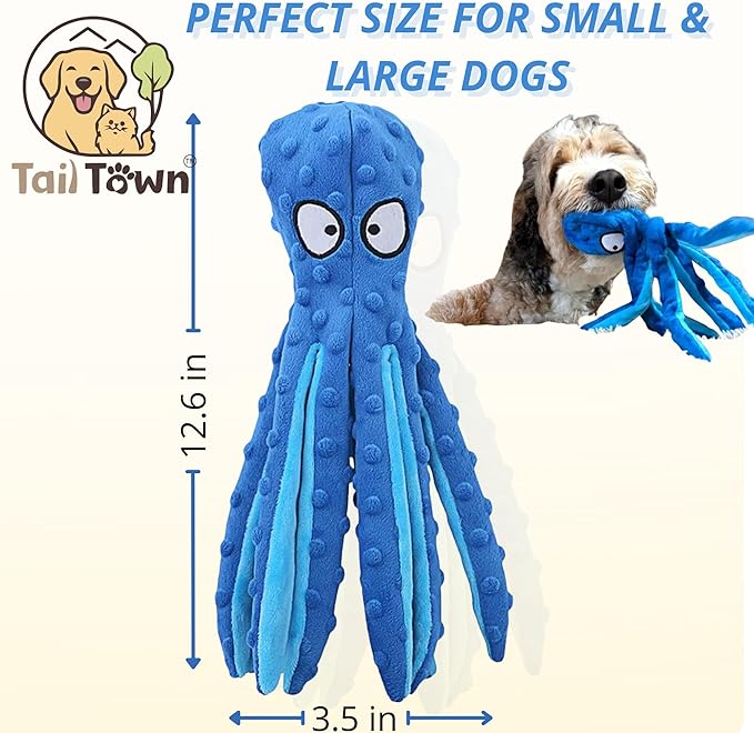 Octopus Dog Toy – Squeaky & Crinkle Plush – Durable No Stuffing Chew Toy for Small, Medium & Large Dogs – Interactive Pet-Safe Soft Toy for Tug, Fetch & Play – Blue– Tail Town