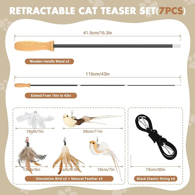 ROSAUI Cat Teaser Wand Toys, Interactive Bird Toys for Indoor Kittens, 42.15’’ Long Cat Fishing Pole Toys, 2Pcs Wires and 5Pcs Natural Refills, Sustainable Wooden Handles, Exercising, Playing