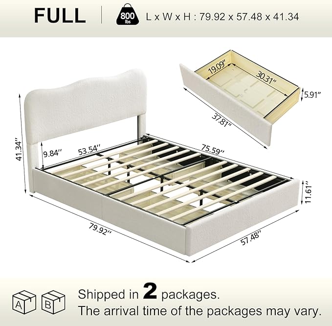 VELOCAVA Full Size Storage Bed with 4 Drawers, Modern Upholstered Bouclé Platform Frame with Curved Headboard, Rounded Corners, Wood Slats, No Box Spring Needed, Cream White