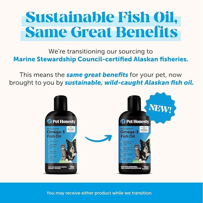 Pet Honesty Omega 3 Fish Oil Supplement for Dogs & Cats (32oz), Wild Caught Omega 3 Fish Oil for Skin and Coat Health, Supports Shedding, Skin & Coat, Immunity, Joint, Brain & Heart, EPA + DHA