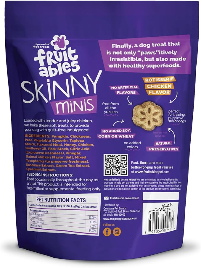 Fruitables Skinny Minis Dog Treats, Healthy Pumpkin Treat for Dogs, Low Calorie & Delicious, Puppy Training, No Wheat, Corn or Soy, Made in the USA, Rotisserie Chicken Flavor, 5oz