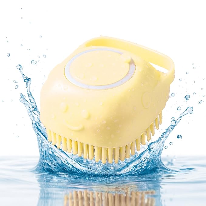 HamInWay Dog Bath Brush, 2-in-1 Dog Grooming Brush with Built-in Shampoo Dispenser, Gentle Silicone Bristles for Bath & Massage, Non-Slip Handle, Easy Clean Design for Dogs, Cats & Small Pets, Yellow