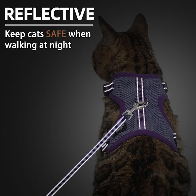 PUPTECK Cat Harness and Leash Set Escape Proof, Reflective Adjustable Soft Mesh Kitten Vest Harness for Walking Travel, Purple, S