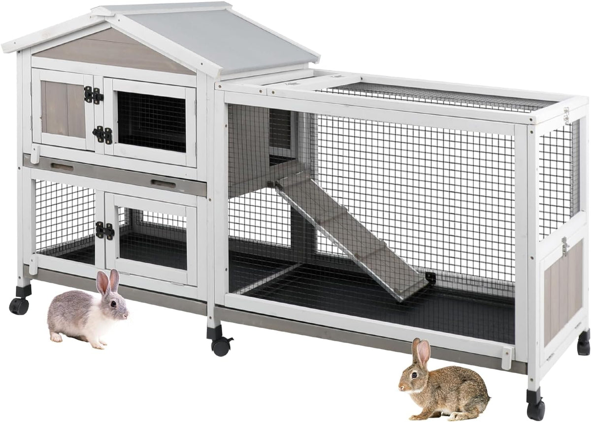 2-Tier Rabbit Hutch with Wheels, Indoor & Outdoor Small Animal Cage with Deep Pull-Out Tray, Anti-Chew Frame, Habitat for Bunny, Guinea Pig, Chinchilla (60" L x 19" W x 35" H)