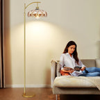 Gold Arc Floor Lamp for Living Room with Remote,Dimmable Modern Floor Lamps with Amber Glass Shade,Unique Vintage Flower Standing Tall Lamp,Mid Century Floor Lamps for Bedroom Office Corner