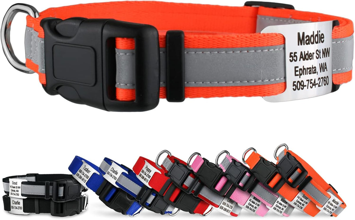 GoTags Reflective Personalized Dog Collar with Nameplate, Adjustable Dog Collar with Custom Engraved Steel Slide On Pet ID Tag, Silent, No Noise Dog Tag for Large Medium or Small (Orange, Large)
