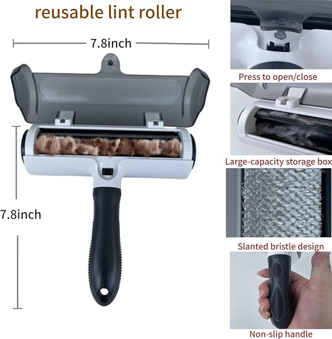Wokaku Roller Pet Hair Remover Lint Brush with Self-Cleaning Fur Bin and Ergonomic Handle for Furniture Couch Carpet Car Seat Bedding Clothes Multi-Surface Dog Cat Hair Removal Tool