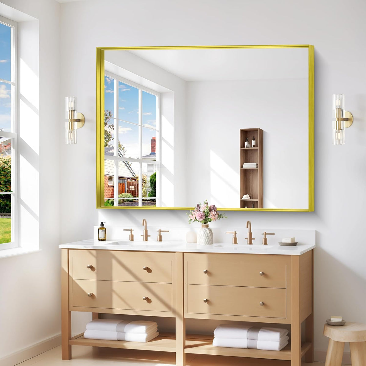 Gold Bathroom Mirror, 36x48 Inch Rectangular Framed Mirror, Large Wall Mounted Bathroom Vanity Mirror Over Sink for Bedroom,Restroom, Living Room, Hangs Vertically or Horizontally