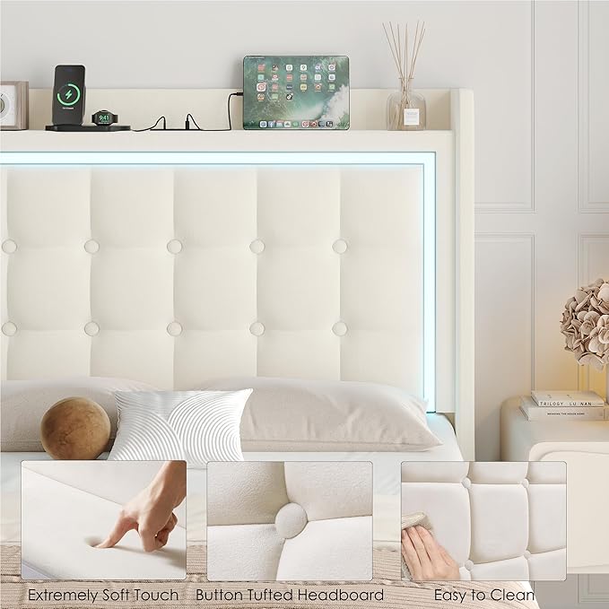 Keyluv Upholstered Queen Floating Bed Frame with RGB LED Lights and Charging Station, Velvet Platform Bed with Button Tufted Storage Headboard, Type-C & USB Charging Ports, No Box Spring Needed, Beige