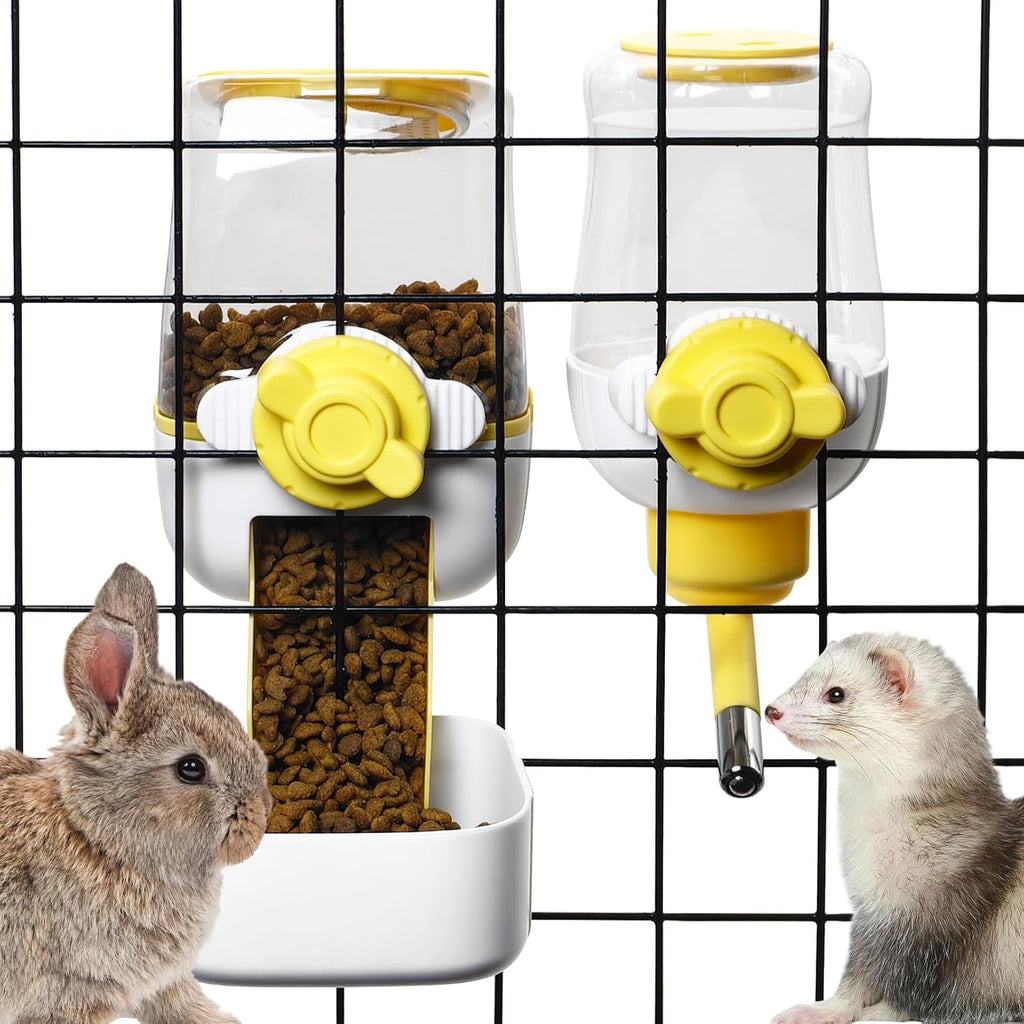 kathson Automatic Rabbit Feeder and Waterer Set, Gravity Pet Food Water Dispenser Bunny Pellet Feeder Small Animal Feeding & Watering Supplies for Guinea Pig Ferret Crate Accessories (Yellow)