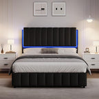 Queen Bed Frame with LED Lights and Headboard, Modern Upholstered Faux Leather Platform Bed with Wooden Slats Support, No Box Spring Needed, Easy Assembly, Black