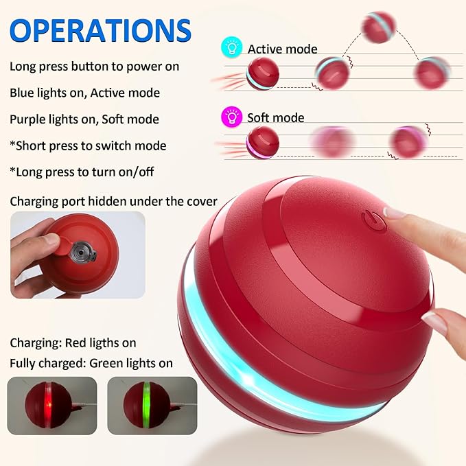 Interactive Dog Balls with Motion Activated, Wicked Ball Squeaky Dog Toy Oxford Bag Keep Dogs Busy (Red Ball)