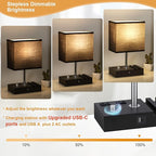 Kakanuo Table Lamp for Bedroom with Dual USB Ports, Fully Dimmable Black Bedside Lamp with Phone Stands and 2 Charging Outlets, Desk Lamp for Nightstand and Living Room, LED Bulb Included