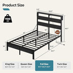 Bestier Full Bed Frame with Storage Headboard and Charging Station, Black Platform Bed Frame with LED Light, Non-Slip Metal Bed Frame, Noise-Free, Easy Assembly