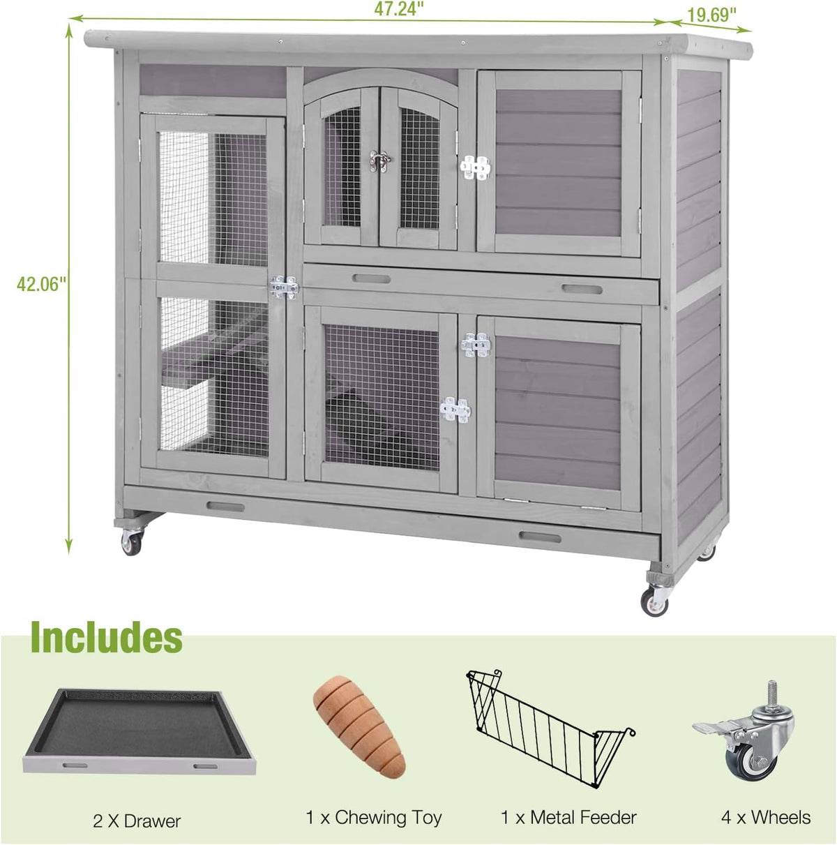 GUTINNEEN Rabbit Hutch Indoor Outdoor Bunny House Guinea Pig Cage on Wheel with Plastic Tray 47inch