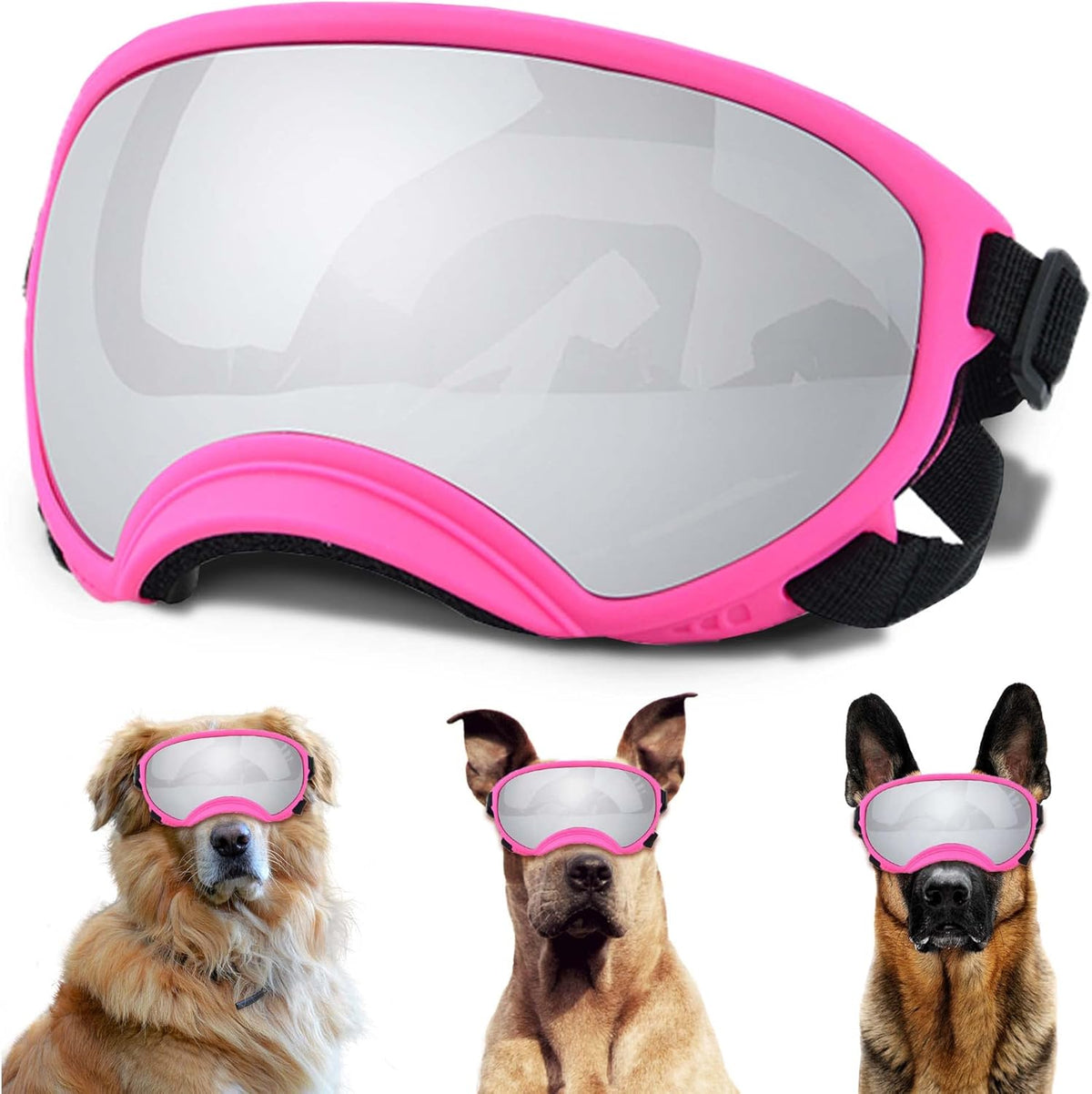 Large Dog Sunglasses with Adjustable Strap UV Protection, Winproof Puppy Sunglasses, Suitable for Medium-Large Pet Glasses, Dogs Eyes Soft Goggles, PinkSilver, (YD-23032706)