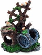 Mipukbay Fish Tank Decoration, Broken Ship Wheel & Cask Aquarium Decor Hiding Cave Ornament for Freshwater/Saltwater, Safe Landscaping Rock Resin Decoration for Betta Fish, Goldfish and Aquatic Pets