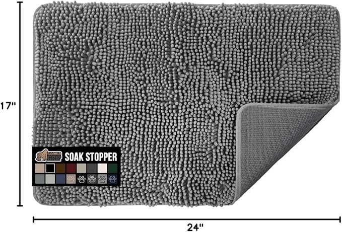 GORILLA GRIP SoakSTOPPER Dog Door Mat, Machine Washable Rug Absorbent Doormat Captures Moisture Mud Dirt, Quick Dry Soft Chenille Entryway Rugs Indoor Entrance Mats for Dog Paws, 24x17 Grey
